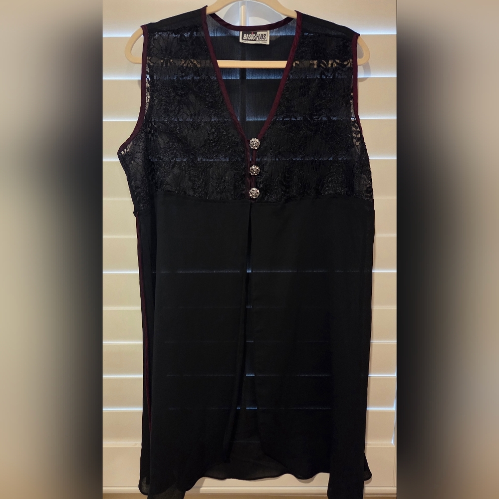Black Sheer Button And Open Top with Purple Accents